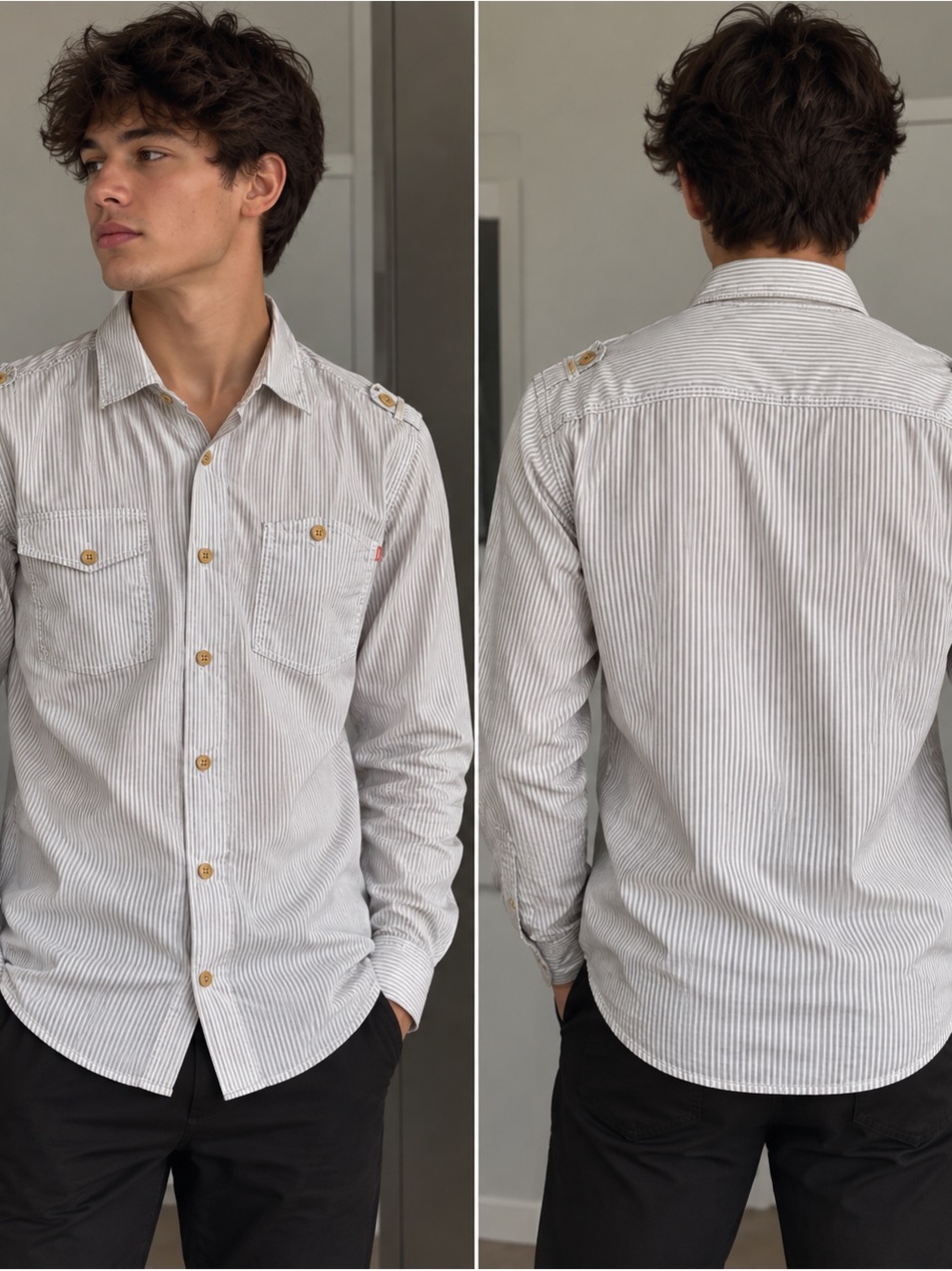 Hugo Boss White and Light Gray Pinstripe Casual Button-Down Shirt